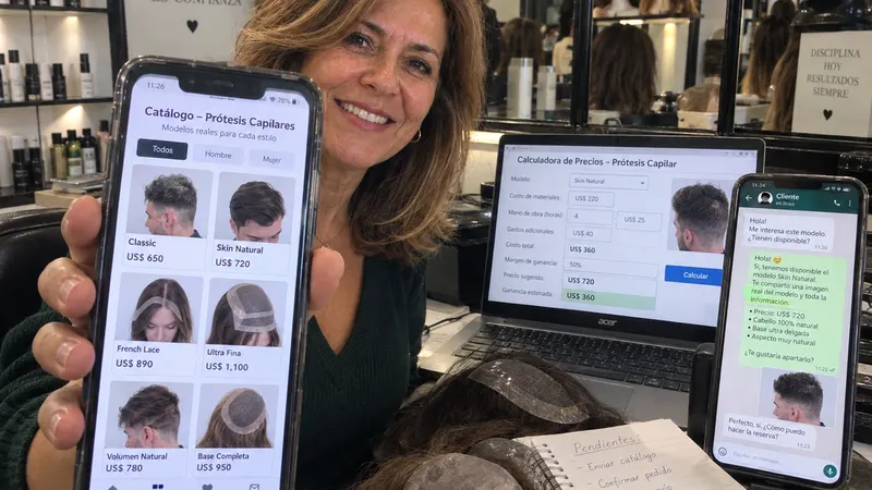 Catálogo de prótesis capilares en el celular, calculadora de precios en la laptop y conversación de venta por WhatsApp